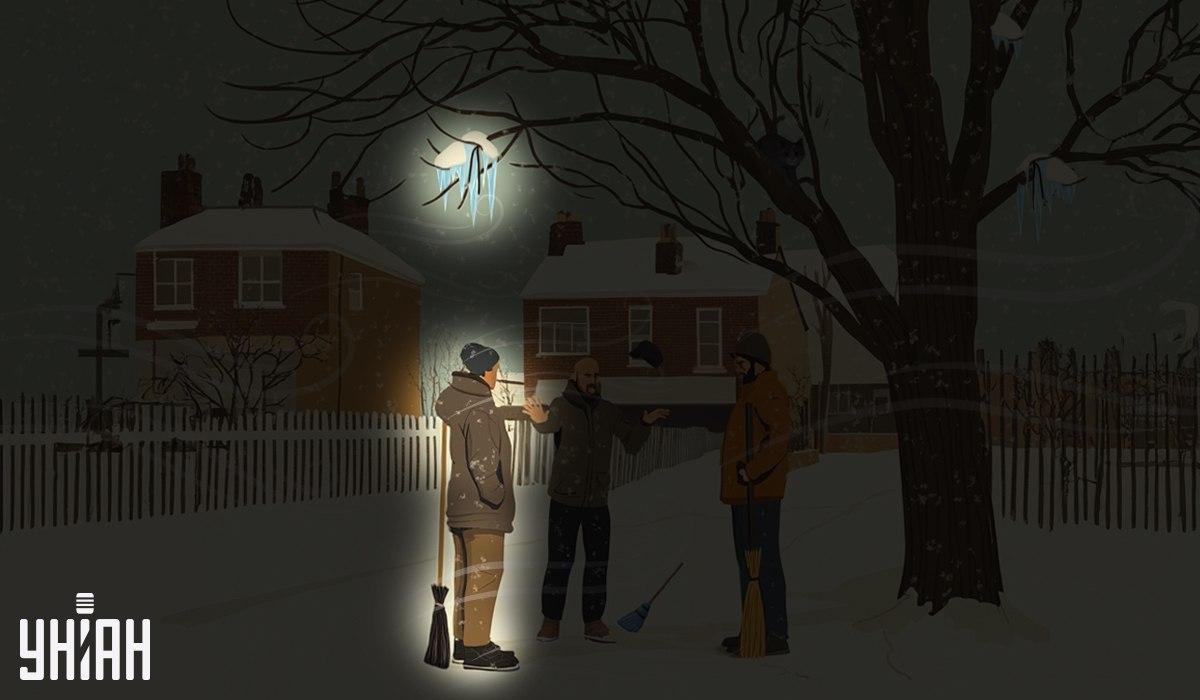 Uno de los conserjes estaba bajo los carámbanos que colgaban del árbol / collage Moje